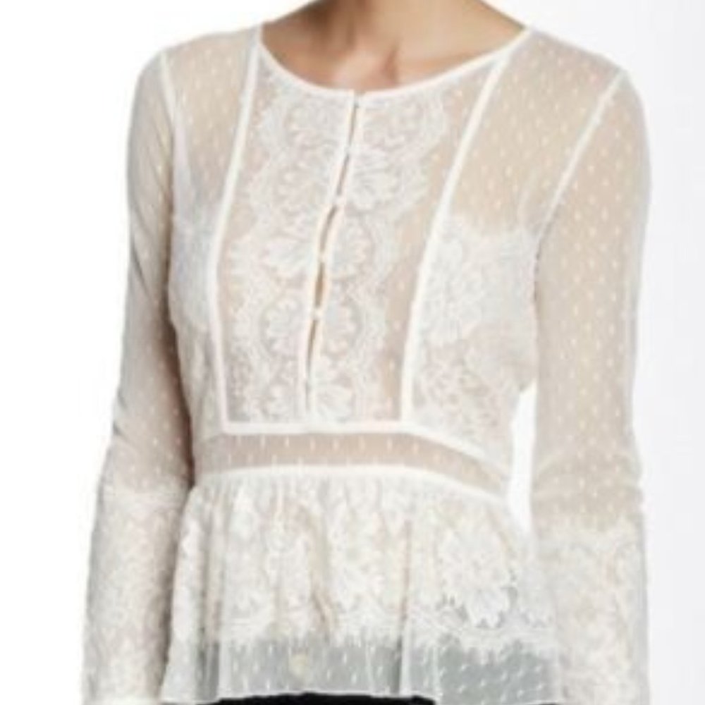 Free People Size M Black Penelope Lace Sheer Peplum Mesh Top